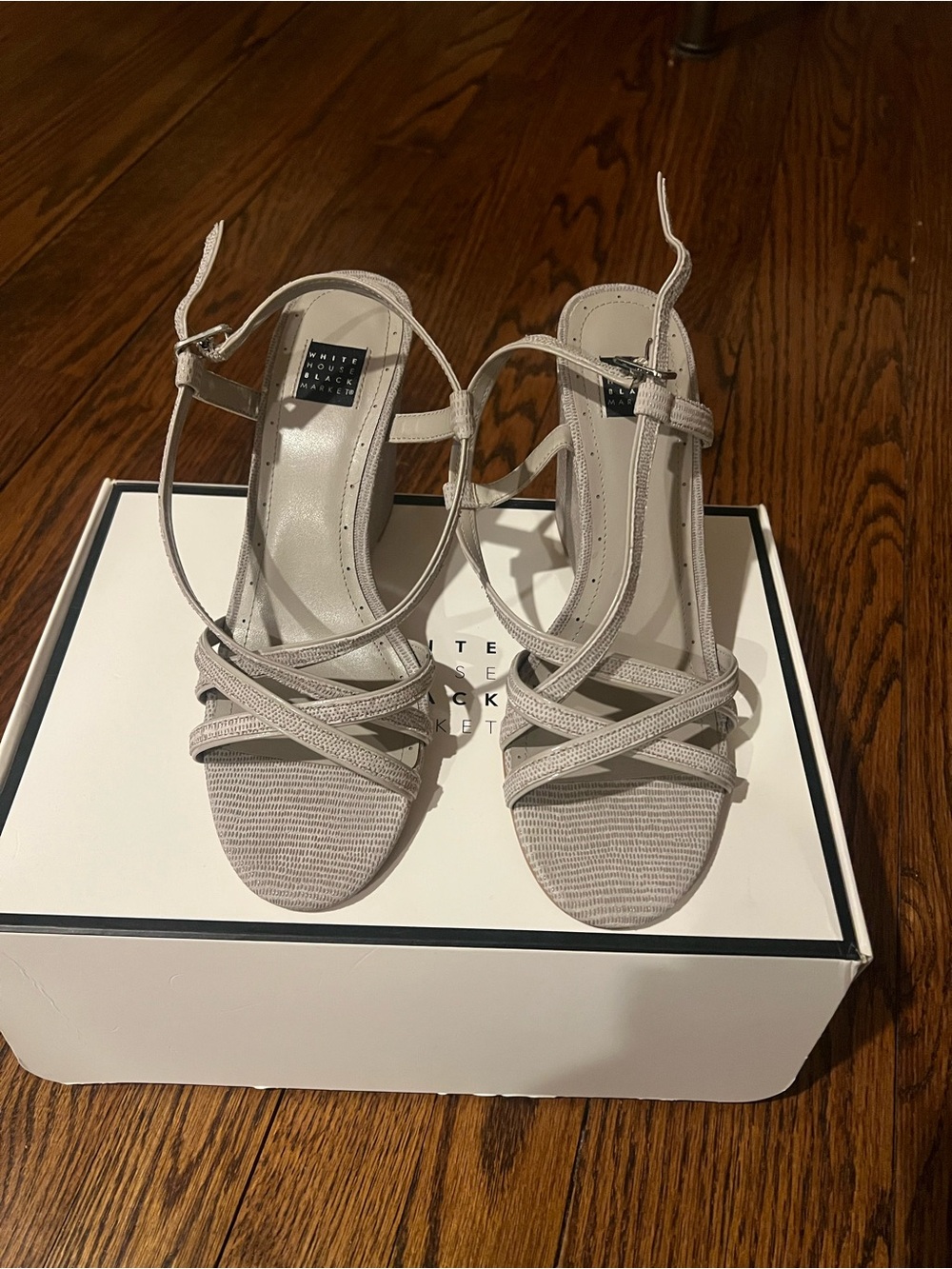 White House Black Market Pale Gray Strappy Heeled Sandals